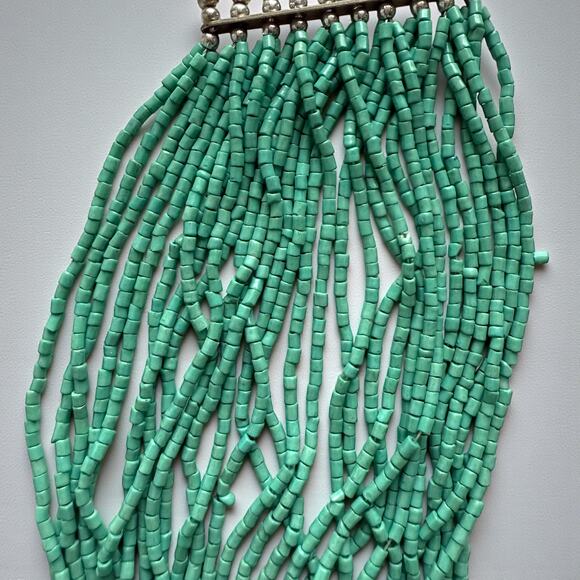 Turquoise Glass Silver Tone Seed Bead Bib Multi Strand Necklace Boho - Picture 9 of 12
